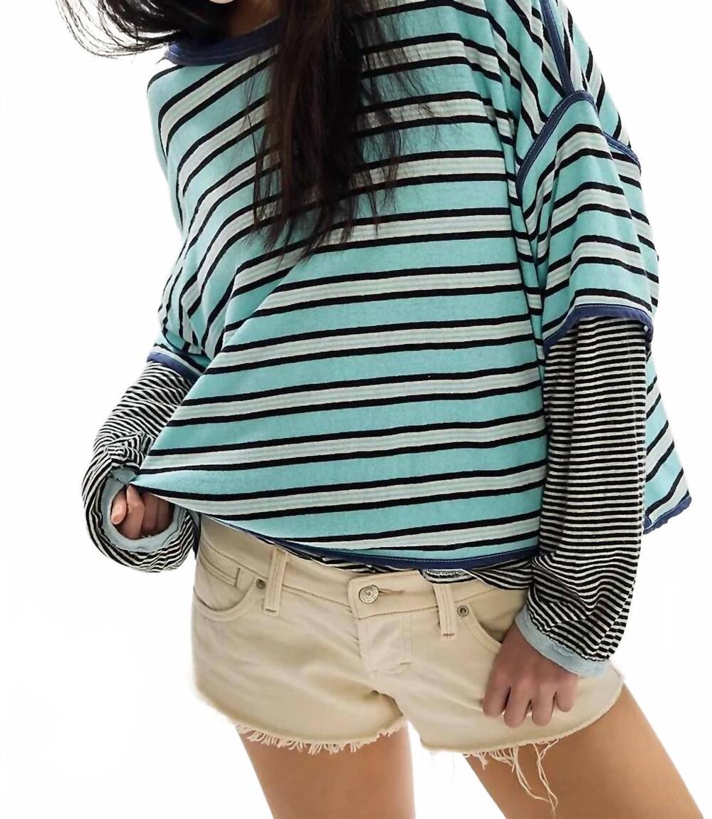NEW FREE PEOPLE clean rugby tee in crystal blue combo